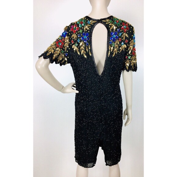 Vintage 80s 100% Silk Beaded Sequined Bright Colored Cocktail Party Dress Carina - Picture 9 of 10